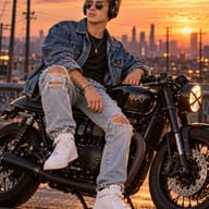 AI Prompt: Cinematic streetwear portrait of a young man sitting on a black motorcycle with a glowing headlight during golden hour.