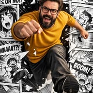 ChatGPT AI Image Prompt: Happy bearded man in a yellow sweater escaping through a torn manga comic background.