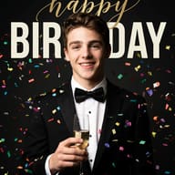 AI generated birthday celebration portrait of a smiling young man holding a glass of champagne surrounded by colorful confetti and Happy Birthday text.
