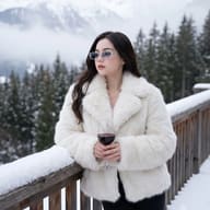 Gemini AI Generated Cinematic winter photo of a girl in black leggings and a white faux-fur coat leaning on a snow-covered railing with red wine.