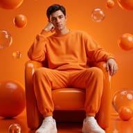 Man in Orange Sweatsuit Monochrome Portrait AI Photo Editing Prompt. AI generated surreal studio portrait of a handsome young man sitting on an orange chair surrounded by floating orange spheres and transparent bubbles in a vibrant all-orange setting.
