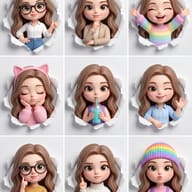 3D Girl Avatar Grid in Paper Holes AI Photo Editing Prompt. AI generated digital illustration grid of a 3D girl avatar in diverse outfits and expressions, each seen through a tear in white paper.
