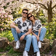 Couple in Matching Floral Shirts Garden Portrait AI Photo Editing Prompt. AI generated outdoor portrait of a smiling couple wearing matching black and white floral shirts, blue jeans, and sunglasses while sitting together in a blooming spring garden.