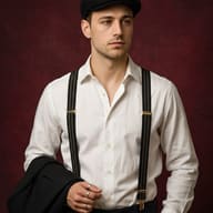 Vintage Man in Suspenders AI Photo Editing Prompt. AI generated studio portrait of a handsome man wearing a white shirt, black suspenders, and a flat cap posing against a dark maroon background.