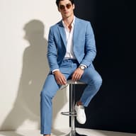 Gemini AI Photo Prompt: Men's fashion editorial photo of a model in a blue suit sitting on a stool with a sharp black and white backdrop.
