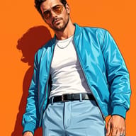 AI Prompt: Premium advertising artwork portrait of a man with aviator glasses and a cyan jacket on a bright orange background.