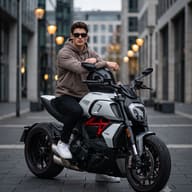 Urban Motorcycle Photography AI Photo Editing Prompt. AI generated portrait of a man in a hoodie and sunglasses sitting on a white Ducati motorcycle on a city street.