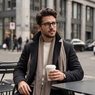 AI portrait prompt — man in glasses holding coffee at city cafe