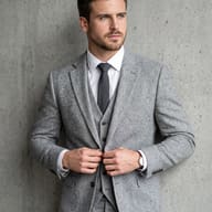 Gemini AI generated portrait of a bearded man in a grey tweed three-piece suit buttoning his vest, wearing a white shirt, dark tie, and wristwatch against a concrete wall.