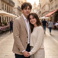 Romantic Couple City Portrait AI Photo Editing Prompt. AI generated photorealistic portrait of a young smiling couple embracing on a cobblestone European street during golden hour.