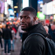 Black man in Neon City Night Portrait AI Photo Editing Prompt. AI generated realistic portrait of a young man wearing a black hoodie and backpack looking over his shoulder against blurry neon city lights.