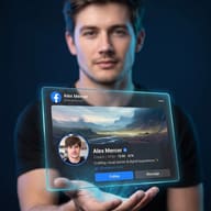 Gemini AI generated portrait of a Blurred man in a black t-shirt displaying a 3D transparent glass Facebook profile card.