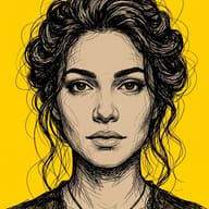 Scribble Sketch Portrait AI Photo Editing Prompt. AI generated digital illustration of a young woman with a messy updo drawn in detailed dark line art on a bright yellow background.
