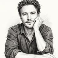 Gemini AI Prompt: Hand-drawn pencil portrait illustration of a smiling bearded man in a dark shirt resting his face against his hand.