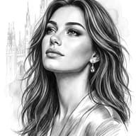 AI Pencil Sketch Prompt: Traditional hand-drawn look sketch of a woman with wind-swept hair and light hatching architectural background.