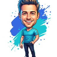 Happy Man Caricature Illustration AI Photo Editing Prompt. AI generated digital caricature illustration of a cheerful bearded man in a blue t-shirt and jeans standing against a blue paint splash background.