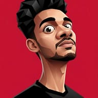 AI Prompt: 3D geometric illustration of a young man with textured dark hair and large comedic features on a vibrant red studio background.