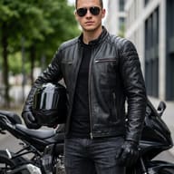 Biker Style Leather Jacket AI Photo Editing Prompt. AI generated realistic portrait of a curly-haired man in a black leather jacket and aviator sunglasses holding a motorcycle helmet beside a black motorbike.