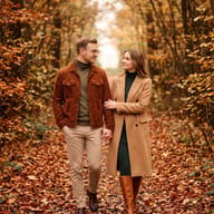 AI generated lifestyle portrait of a young couple walking arm-in-arm and holding hands on a path covered with fallen brown leaves in a dense autumn forest.