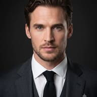 Corporate Headshot Photography AI Photo Editing Prompt. AI generated studio portrait of a bearded businessman with green eyes, wearing a dark grey suit and black knit tie against a black background.