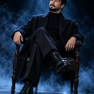 AI Generated Intense cinematic photo featuring a bearded man dressed in an all-black winter outfit posing confidently on a chair with glowing blue smoke.