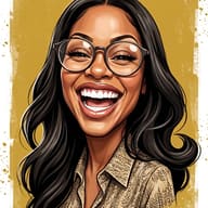 Gemini AI generated Crisp digital caricature of a laughing woman with long dark hair and thick-rimmed glasses against an artistic yellow paint-splatter background.