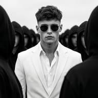 Young man with textured haircut and sunglasses in white suit among faceless hooded crowd, grayscale photography