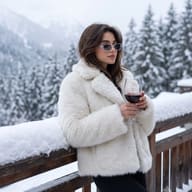 Gemini AI Prompt: Sophisticated snow aesthetic image of a woman with transparent sunglasses holding wine in a cold snowy mountain landscape.