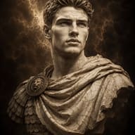 AI Generated classical marble bust sculpture portrait of a Roman emperor with a lion medallion against a dramatic sepia sky.