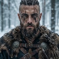 Gemini AI Generated Cinematic close-up portrait of a rugged Viking with a braided beard, war paint, and fur armor in a snowy forest