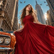 AI Image Prompt: High-fashion editorial photo of a woman in a flowing red gown standing next to an orange vintage car beneath Manhattan skyscrapers and flying pigeons.