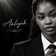 AI Image Prompt: Black and white editorial portrait of a professional woman with Aaliyah Sales Manager text on a dark background.
