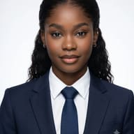 Gemini AI Prompt: Hyper-realistic corporate photo of a confident young Black woman wearing a dark navy business suit and tie on a pure white background.