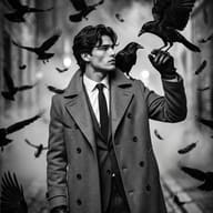 AI Photo Prompt: Film grain noir style image of a man in a double-breasted coat with a crow on his shoulder and another landing on his raised gloved hand.