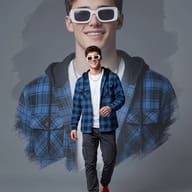 Walking Man in Blue Plaid Outfit AI Photo Editing Prompt. AI generated studio portrait of a young man wearing a blue flannel shirt, grey cargo pants, and white rectangular sunglasses walking against a larger smiling face overlay.