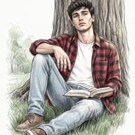 Pencil Illustration AI Photo Editing Prompt. AI generated pencil sketch illustration of a young man wearing a red plaid shirt and jeans sitting against a tree trunk and holding an open book in a grassy park setting.