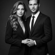 Elegant Couple in Black Suits B&W Portrait AI Photo Editing Prompt. AI generated studio portrait of a sophisticated man and woman wearing elegant black suits and holding hands in a cinematic monochrome style.