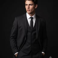 Man in Black Suit Studio Portrait AI Photo Editing Prompt. AI generated portrait of a young man in a tailored black three-piece suit and tie, posing with hands in pockets against a dark background.