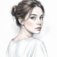 Woman Pencil Sketch AI Photo Editing Prompt. AI generated digital portrait illustration of a contemplative young woman with a messy bun gently looking over her shoulder.