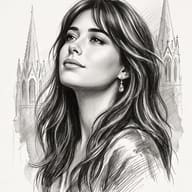 AI Photo Prompt: Pencil drawing image of a serene woman with wavy hair and a teardrop earring against a sketched cathedral backdrop.