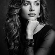 Gemini AI-generated classic B&W studio shot of a woman looking away, styled with pearl drop earrings and a dark cuff.