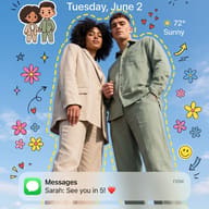 Couple Doodle Lock Screen Wallpaper Prompt. AI generated digital mockup of a stylish couple outlined with yellow dashes, surrounded by colorful flower doodles and phone notifications.