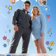AI generated digital illustration of a man and woman on a phone lock screen decorated with colorful cartoon stickers, flowers, and yellow dashed outlines.