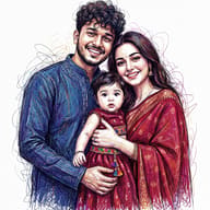Scribble Art Family Portrait AI Photo Editing Prompt. AI generated illustrative sketch art of a smiling Indian family with parents and baby in colorful traditional attire against a white background.