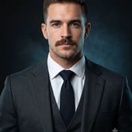 Professional Suit Portrait of a Man AI Photo Prompt. AI generated studio portrait of a serious man with a mustache, wearing a charcoal grey three-piece suit, white shirt, and navy blue tie against a dark background.