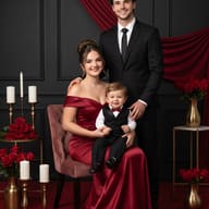 Formal Family Portrait AI Photo Editing Prompt. AI generated studio portrait of a couple and baby in formal black and crimson attire with red roses.