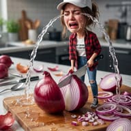 AI Photo Prompt: Surreal and funny portrait of a miniature crying girl wearing ripped jeans and Converse sneakers cutting an oversized onion.