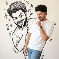 AI generated photo-illustration shows a man making a shush gesture against a wall featuring a matching black line art sketch.