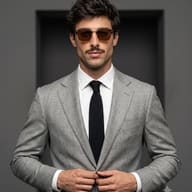 Gemini Generated Cinematic luxury editorial portrait of a confident man with a mustache adjusting his premium gray suit and black tie in a minimal studio.