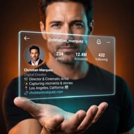 AI Generated Photo of a Bearded man in a black t-shirt holding a glowing 3D glass Instagram profile card.